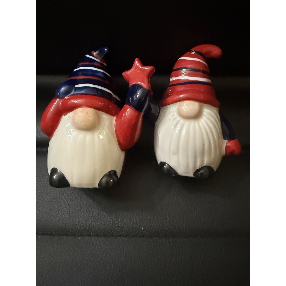 Patriotic Gnome Ceramic Salt & Pepper Shaker Set Red White Blue Novelty